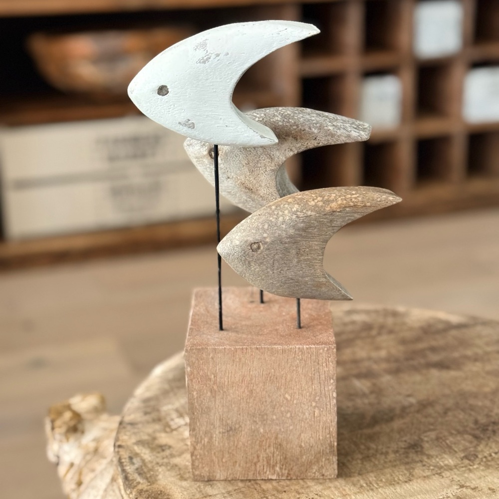 Wooden Fish Sculpture Trio - Neutral Coastal Decor - Picture 11 of 13